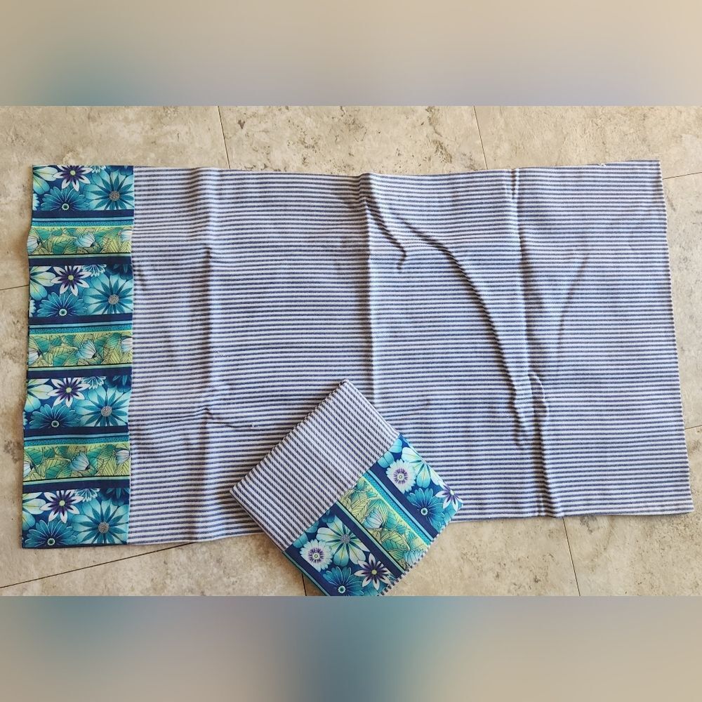 2 handmade pillow cases Blue stripe ticking fabric & turquoise/blue/green floral